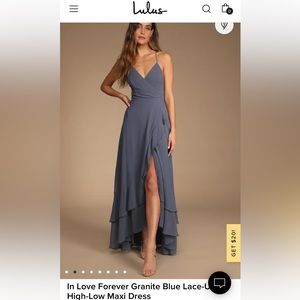Lulu’s In Love Forever Granite Blue Lace-Up High-Low Maxi Dress